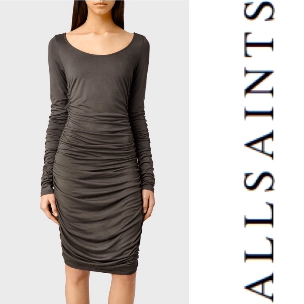 All Saints ‘Milla’ Long Sleeved Ruched Dress - Picture 1 of 12